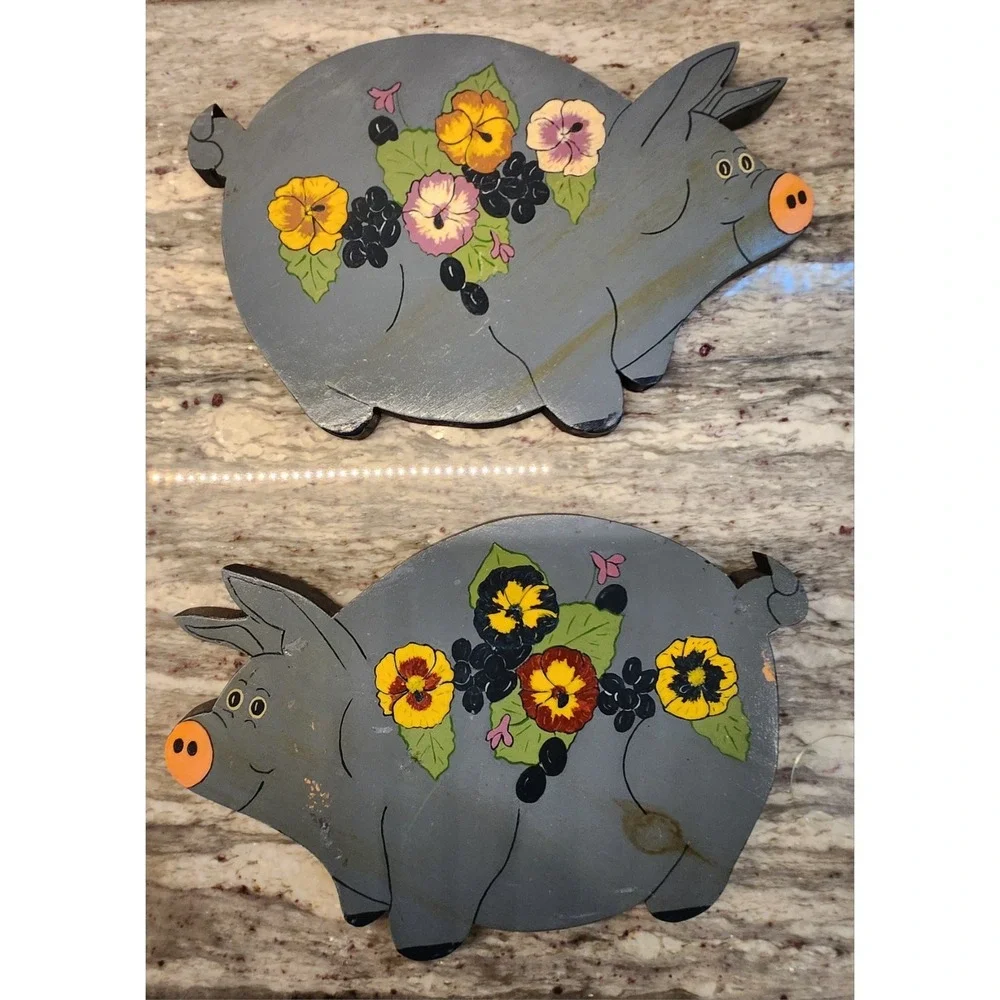 Vintage Wooden Pig‎ Wall Decor Folk Art Hand Painted Flowers Farmhouse Country
